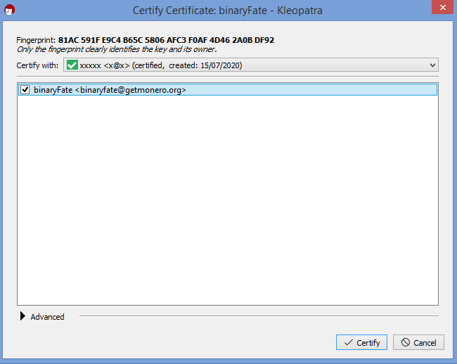 kleo certify fingerprint